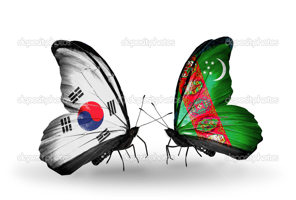 Two butterflies with flags on wings as symbol of relations South Korea and Turkmenistan